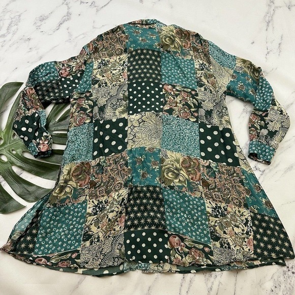 Via Max Womens Vintage 90s Silk Oversize Shirt Size S Green Tan Mixed Floral - Picture 8 of 12